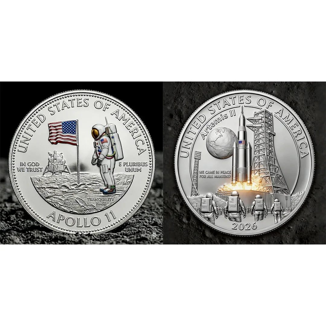 A commemorative space coin featuring an astronaut, the United States flag, and a rocket against a lunar background.