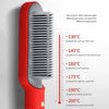 Red hair styling comb with temperature markings showing various heat settings for different hair types