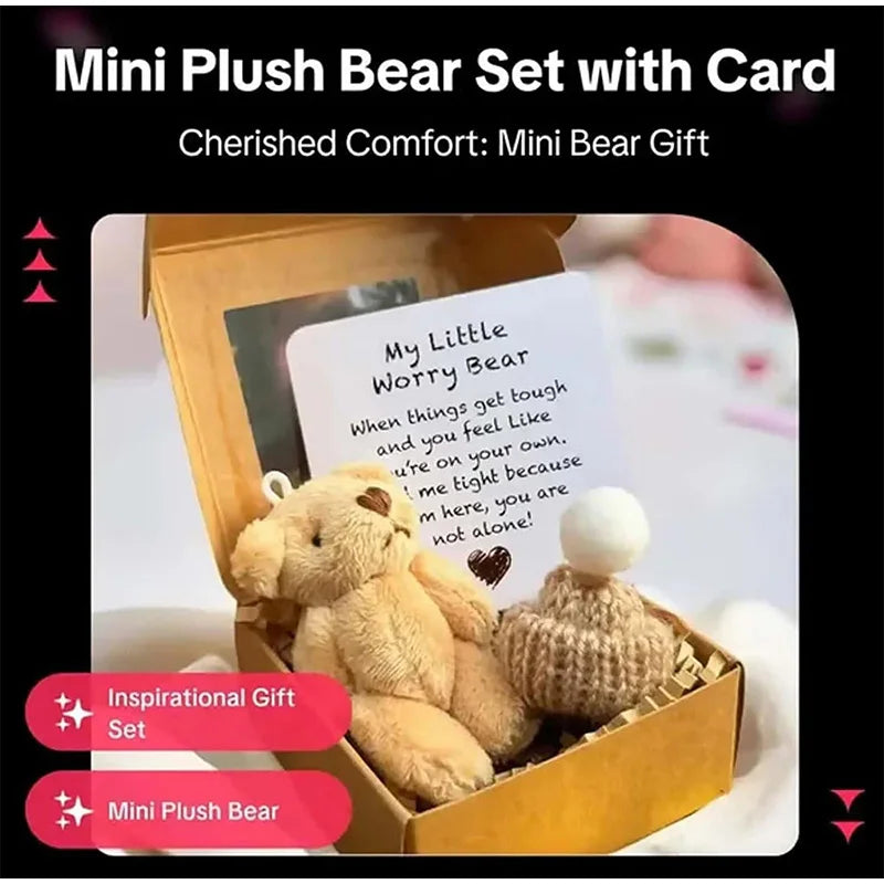 Set de regalo de osito de peluche en caja con tarjeta de mensaje alentador para consuelo.