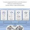 A white interactive RC robot with multiple arms is shown above a control panel, demonstrating intelligent programming actions