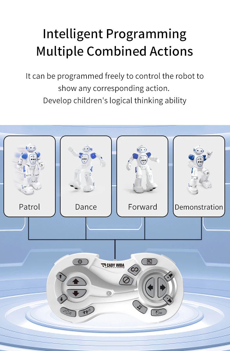 A white interactive RC robot with multiple arms is shown above a control panel, demonstrating intelligent programming actions