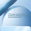 A light blue mechanical pencil pen is shown with a large concave design for easier grip.