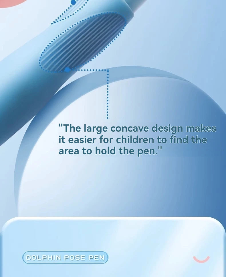 A light blue mechanical pencil pen is shown with a large concave design for easier grip.