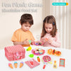 A pretend play picnic food set including fruit, sandwiches, and accessories for children.