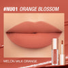 A close-up of a matte lip tint in orange blossom shade applied to lips, next to the product packaging.