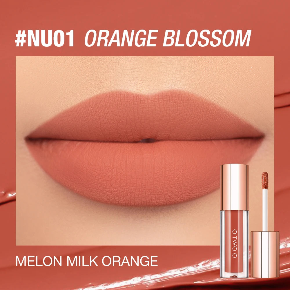 A close-up of a matte lip tint in orange blossom shade applied to lips, next to the product packaging.