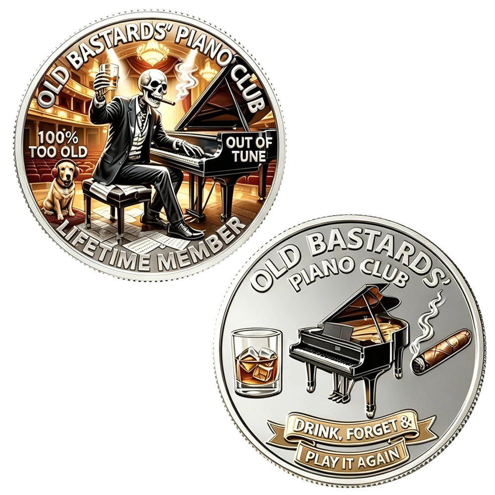 A silver-plated challenge coin featuring a skeleton playing a piano and text for an Old Bastards Piano Club lifetime member.