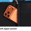 An anti-theft zipper pocket inside a black sports backpack showing an orange smartphone.