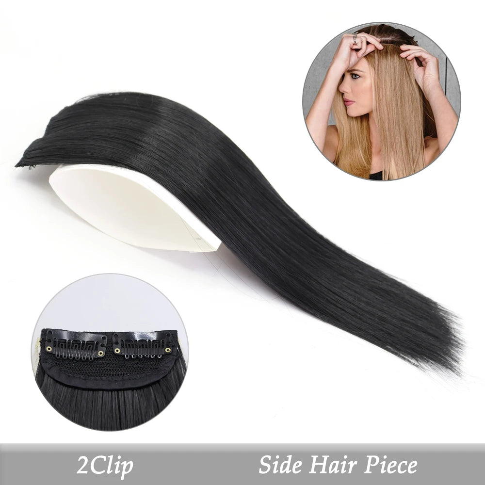 A black side hair piece with a clip-in design shown alongside a model's hair.