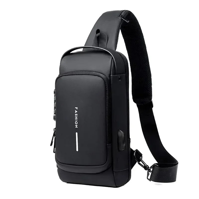 Bolso de pecho antirrobo para hombre, con correa acolchada y puerto de carga USB.