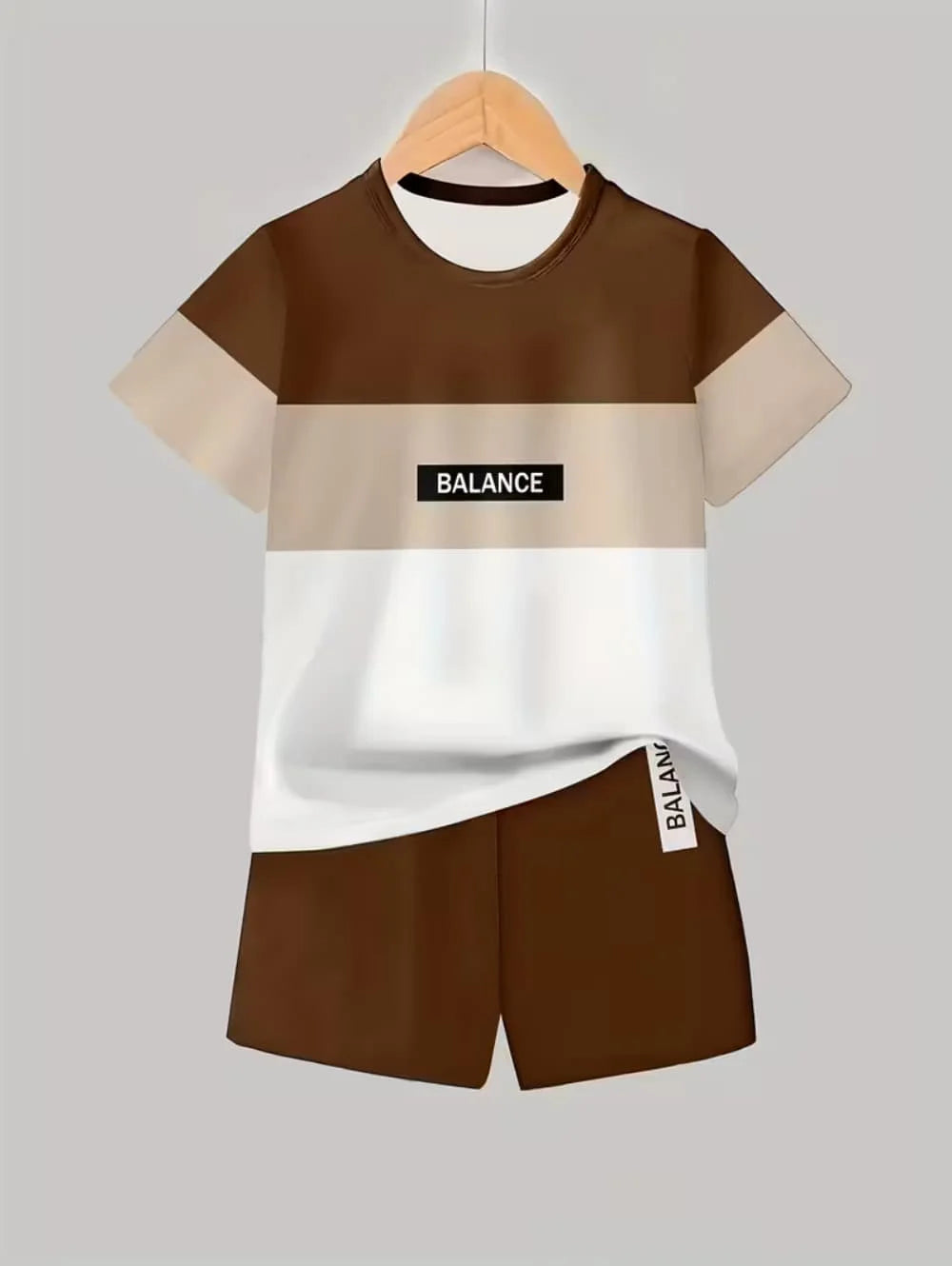 A brown and beige colorblock short sleeve t-shirt and matching shorts set displayed on a hanger.