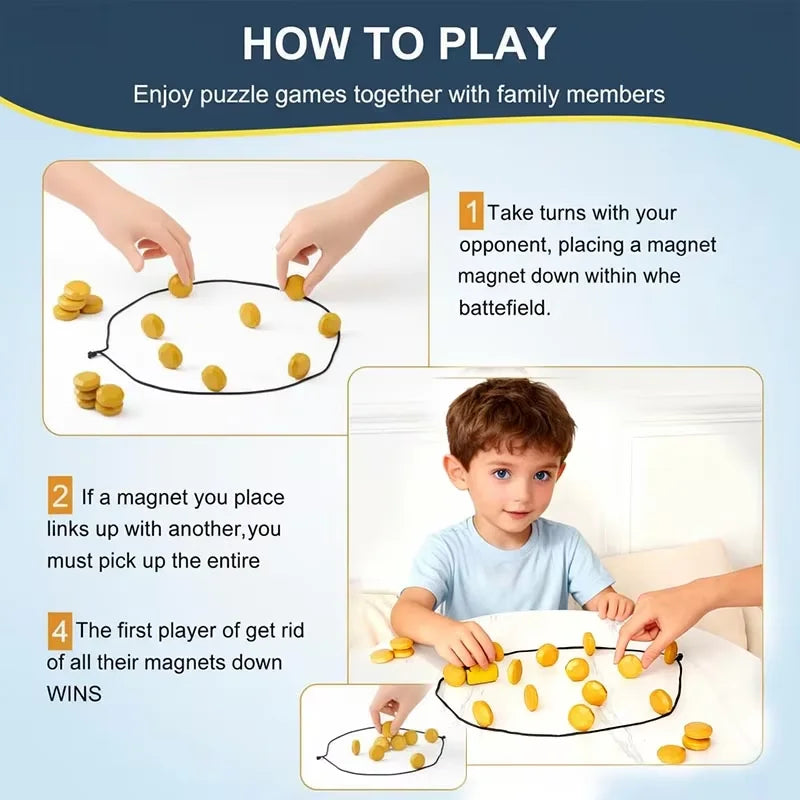 Anleitung für ein magnetisches Puzzlespiel, bei dem die Spieler abwechselnd Magnete auf einem Schlachtfeld platzieren.