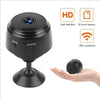 A black WiFi mini security camera is shown with features for HD video, SD local memory, and Wi-Fi connection.