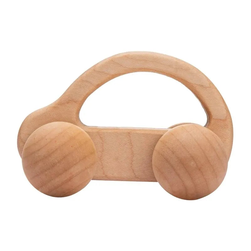 A hand-pushed wooden cart toy for toddlers made of light wood.