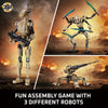 Three assembled robots from the Passion of Christ Sculpture Building Block Set displayed against a fiery background.