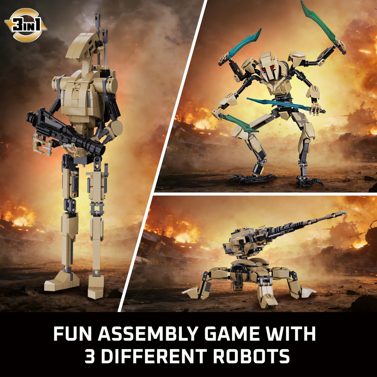 Three assembled robots from the Passion of Christ Sculpture Building Block Set displayed against a fiery background.