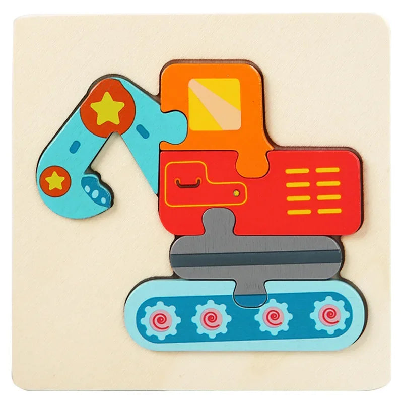 A wooden 3D animal jigsaw puzzle featuring an orange and red construction vehicle on a light background.