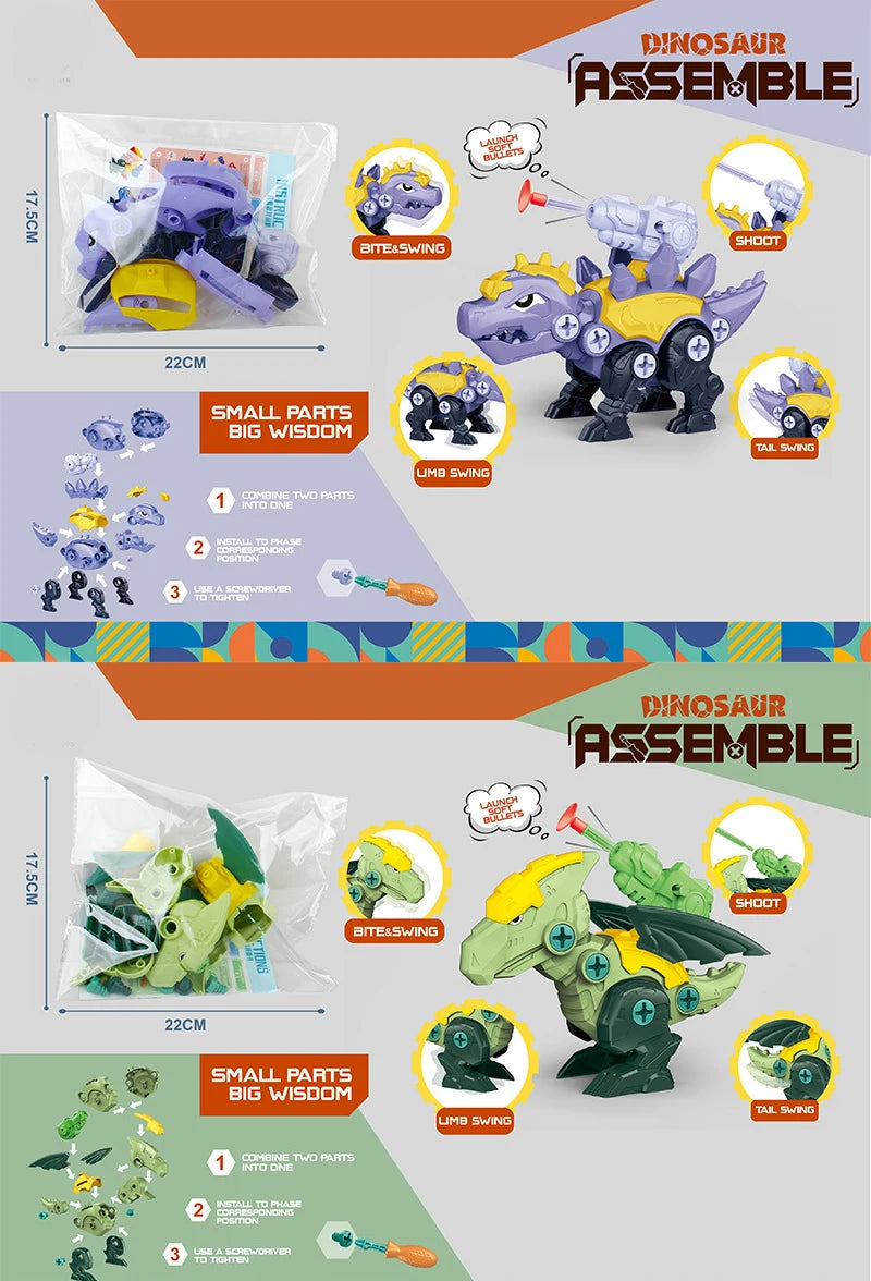 Ein Set mit Dinosaurier-Bauspielzeugen, das verschiedene Teile und die vollständig zusammengebauten Dinosaurierfiguren zeigt.