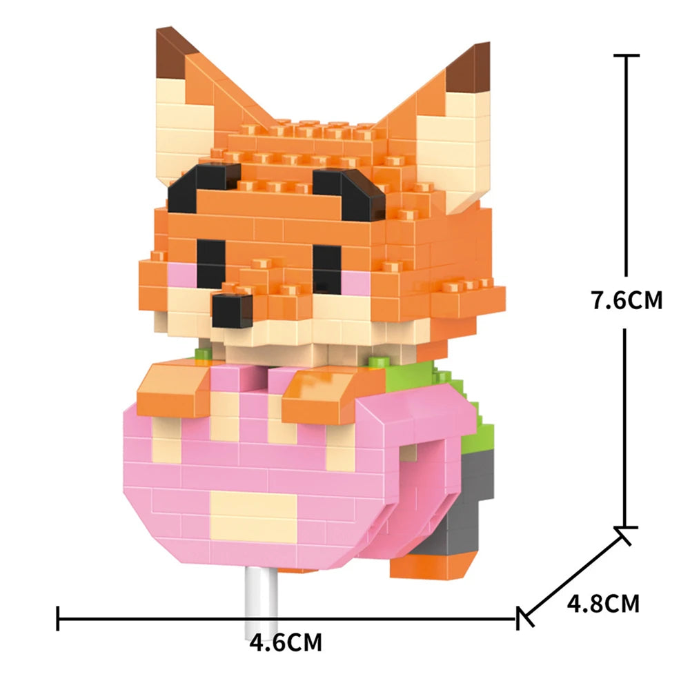 An orange fox figurine made of micro building blocks, standing on a white stick.