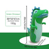 A green inflatable dinosaur punching bag toy with measurements and scale reference.