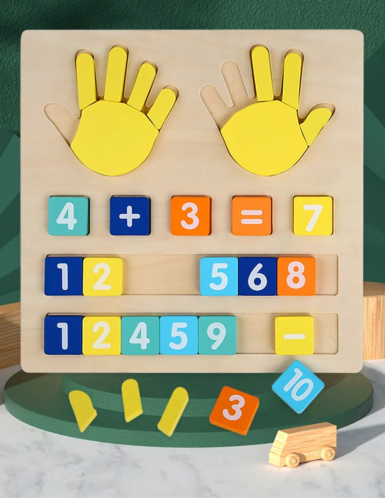A wooden finger counting number learning toy showing hands and numbered blocks for children.
