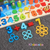 A wooden math and fishing puzzle toy featuring colorful shapes, numbers, and rings for toddlers.