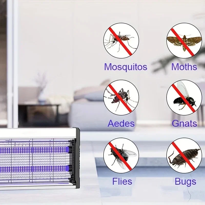 An electric mosquito killer lamp with a UV light trap showing various insects like mosquitoes, moths, aedes, gnats, flies, an