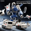 Versatile Space Fleet educational toy set featuring various robot and vehicle models in white and blue.