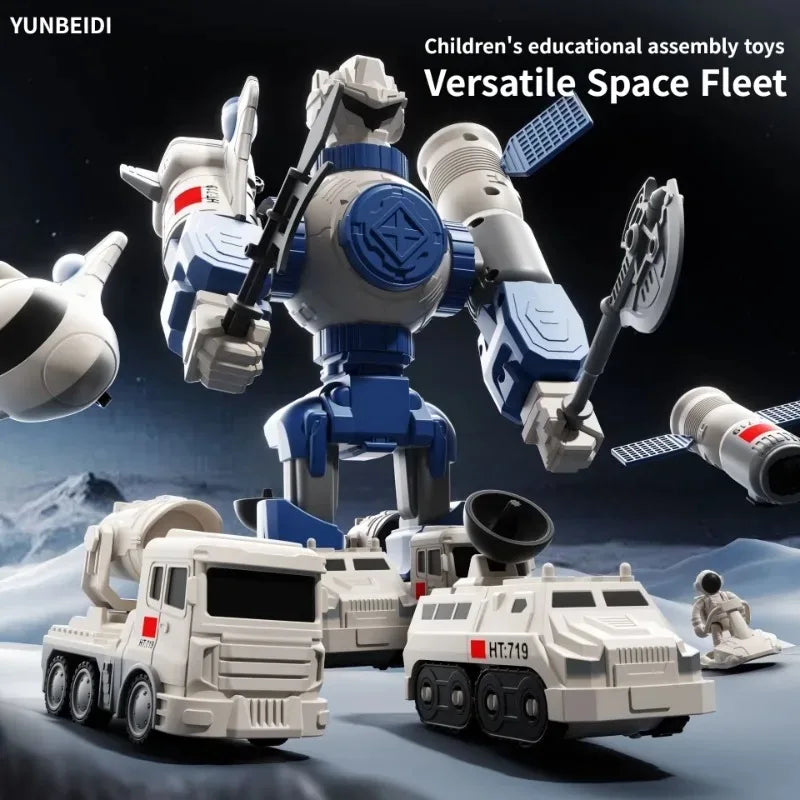 Versatile Space Fleet educational toy set featuring various robot and vehicle models in white and blue.