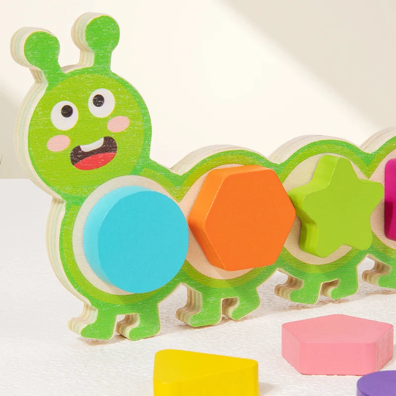 A wooden magnetic caterpillar puzzle toy featuring various colored and shaped pieces for learning.