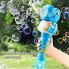 A blue dinosaur bubble stick being used to blow bubbles outdoors.