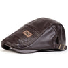 A dark brown men's retro faux leather newsboy cap shown from the side.