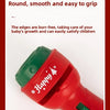 A red flashlight toy with a green tip and a festive design, used for a kids' cartoon story projector.
