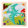 A wooden jigsaw puzzle featuring a teal dinosaur silhouette against a green landscape.