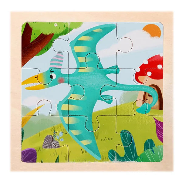 A wooden jigsaw puzzle featuring a teal dinosaur silhouette against a green landscape.