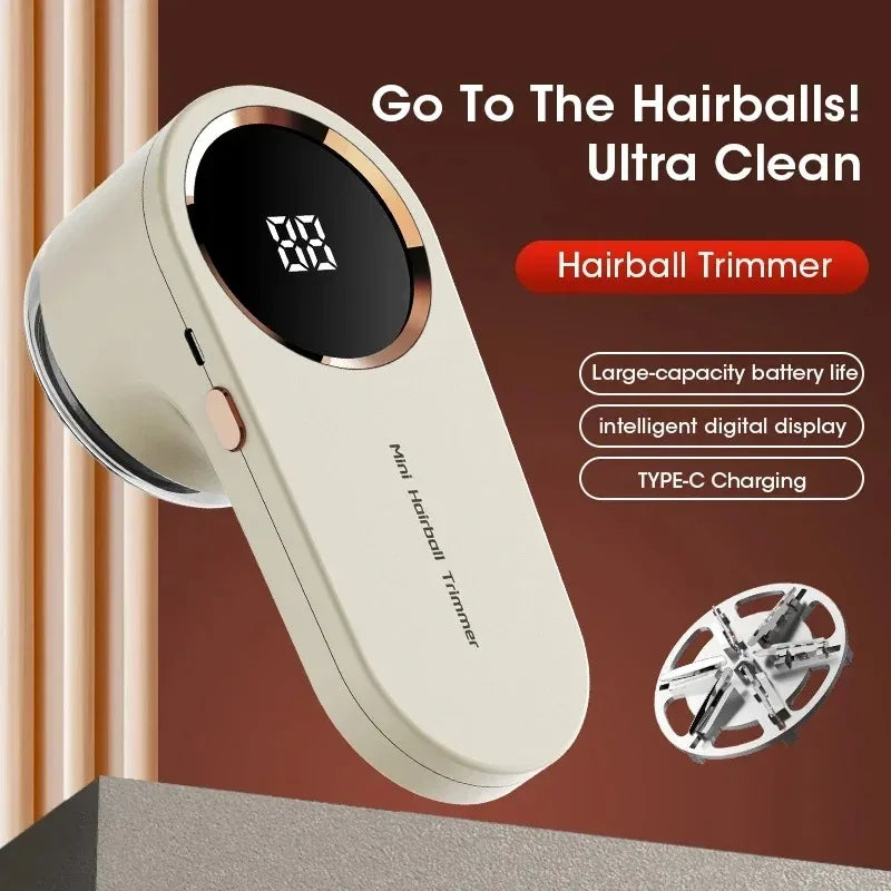 A beige handheld hairball trimmer with a digital display and trimmer head is shown against a brown background.