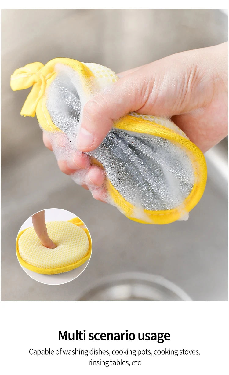 A hand is holding a yellow double-sided non-stick dish sponge with a scouring pad, demonstrating its multi scenario usage.