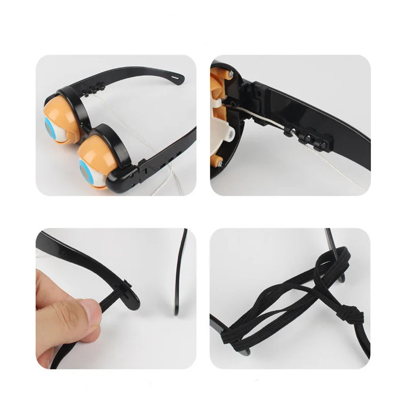 A set of novelty funny glasses with orange lenses and black frames shown in various angles.
