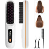 A white rechargeable ionic hair straightening brush with a black body and an orange accent, shown in various views.