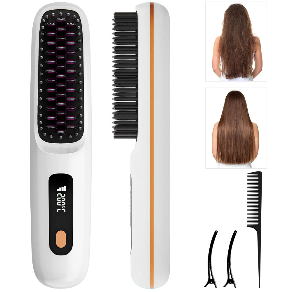 A white rechargeable ionic hair straightening brush with a black body and an orange accent, shown in various views.