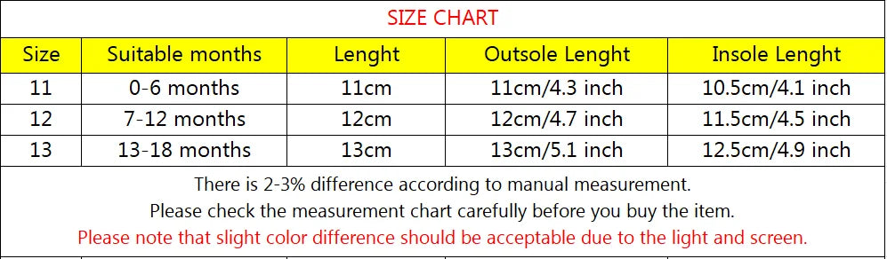 Size chart for baby first walker shoes showing lengths and suitable months for sizes 11, 12, and 13.