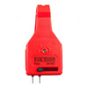 A red automotive fuse tester tool with a plastic body and two metal probes.