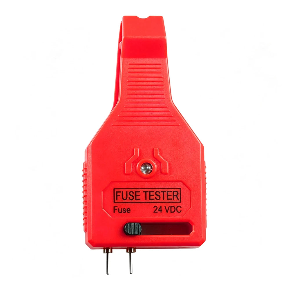 A red automotive fuse tester tool with a plastic body and two metal probes.