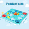 A teal logical road building maze board game with colorful plastic pieces and a title indicating product size.