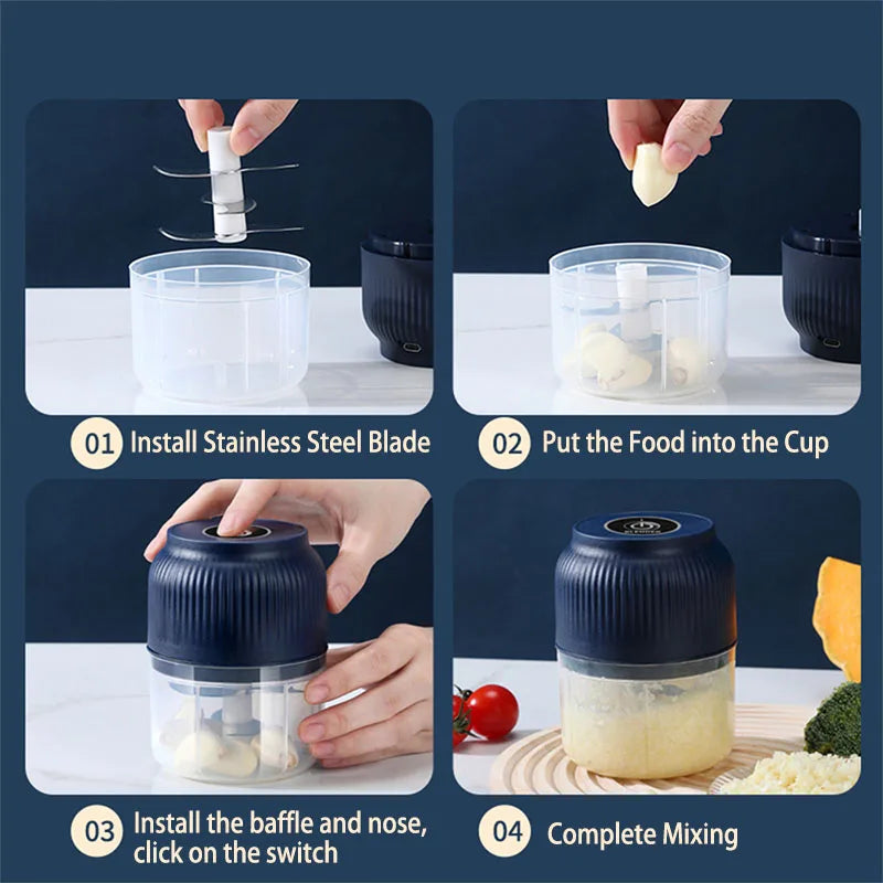 Step-by-step guide showing how to install and use a mini electric food chopper for garlic and herbs.