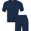 Navy blue men's casual jacquard short-sleeve shirt and drawstring shorts set