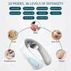 A white TENS pulse massager is shown with various modes and intensity levels displayed around it.