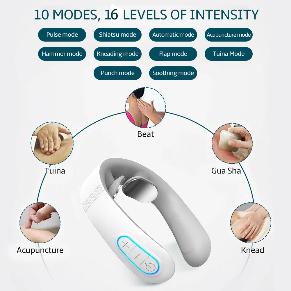 A white TENS pulse massager is shown with various modes and intensity levels displayed around it.