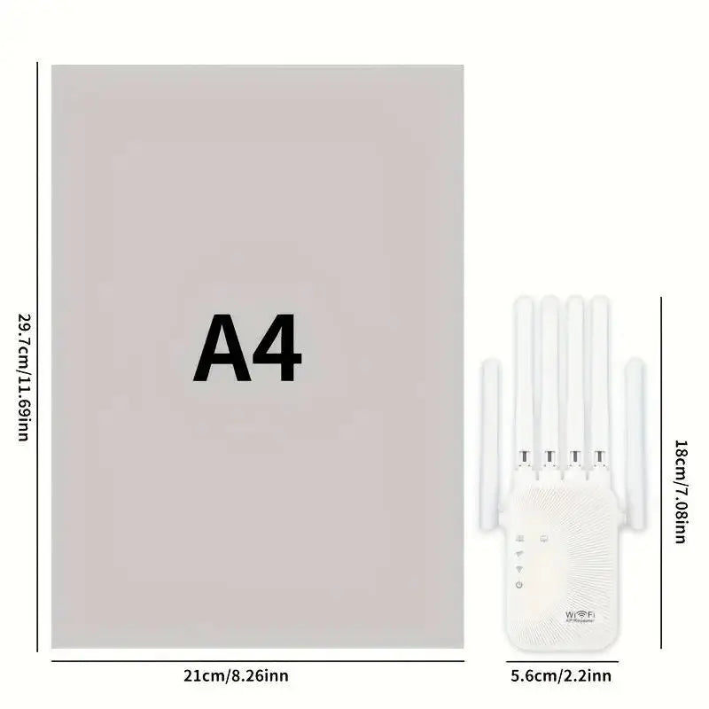 A4 sized white rectangular device for dual band WiFi range extension
