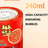 A red bubble machine is shown, highlighting its 240ml capacity and enduring bubbles.